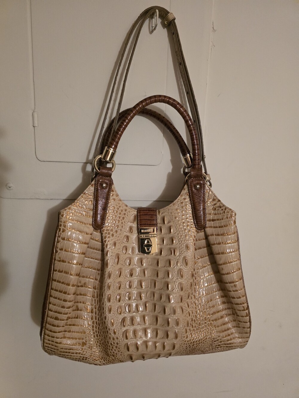Neutral BeigeBrahmin Elisa Hobo Croc-Embossed Leather Tote with Brown Trim